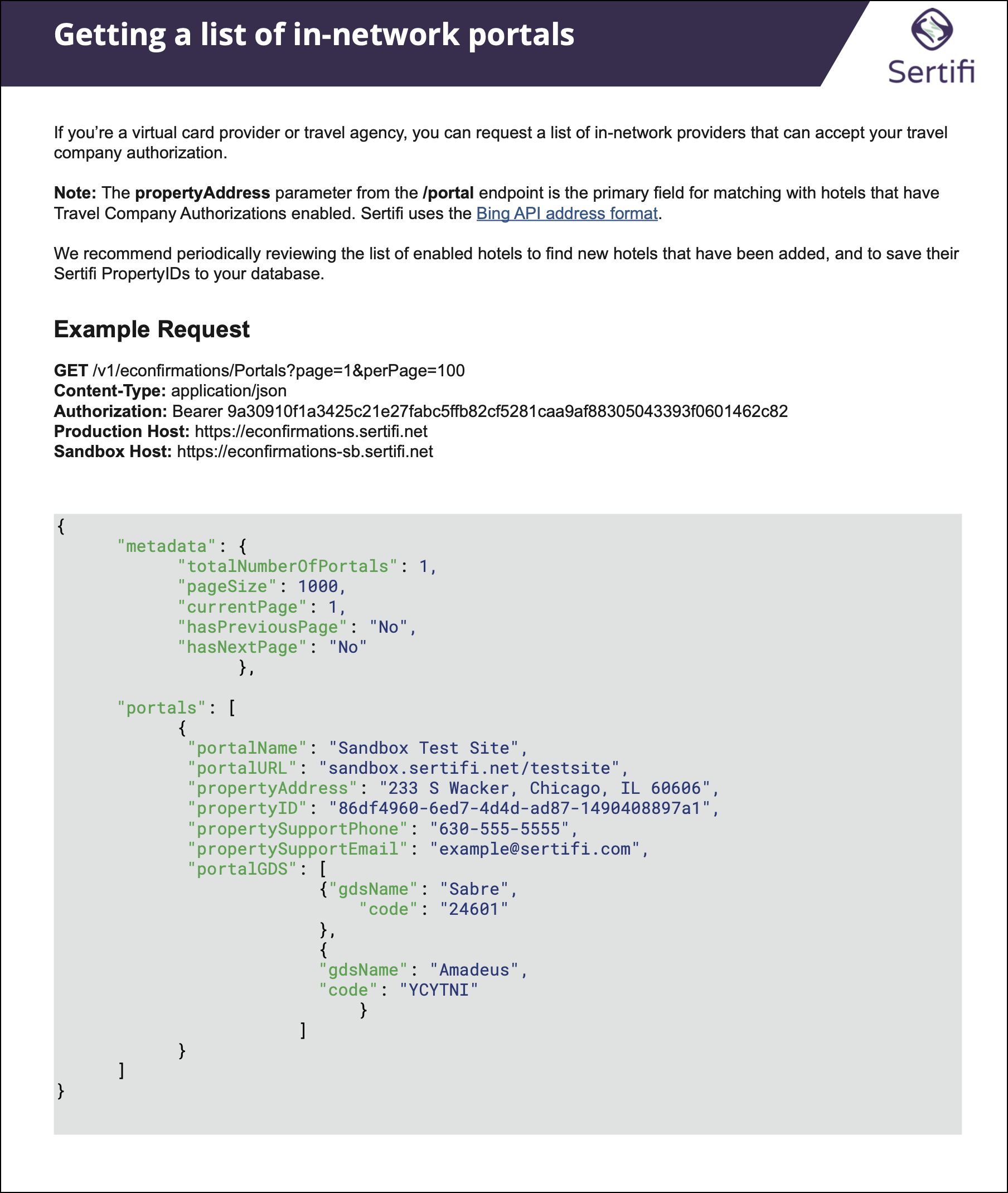 A sample of a JSON API response documentation.